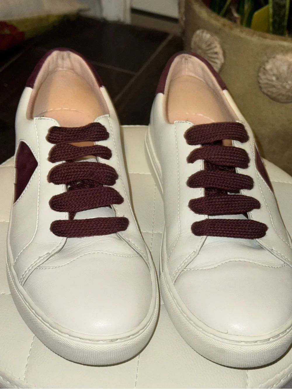Kate Spade New York Fez White Leather Ace Suede Sneakers Burgundy Accent Sz 10B